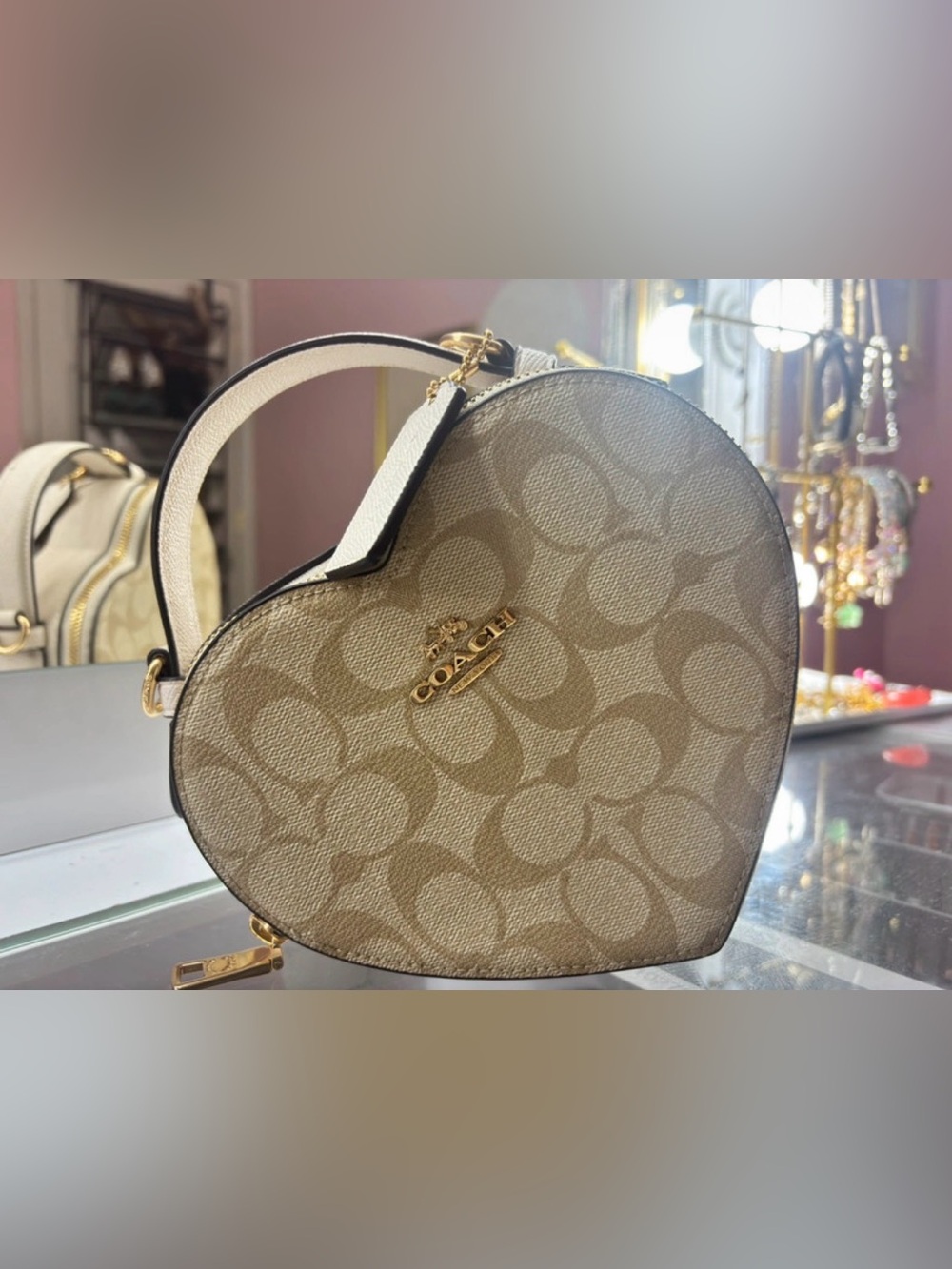 Coach Heart-Shaped Signature Canvas Top-Handle Bag in Beige